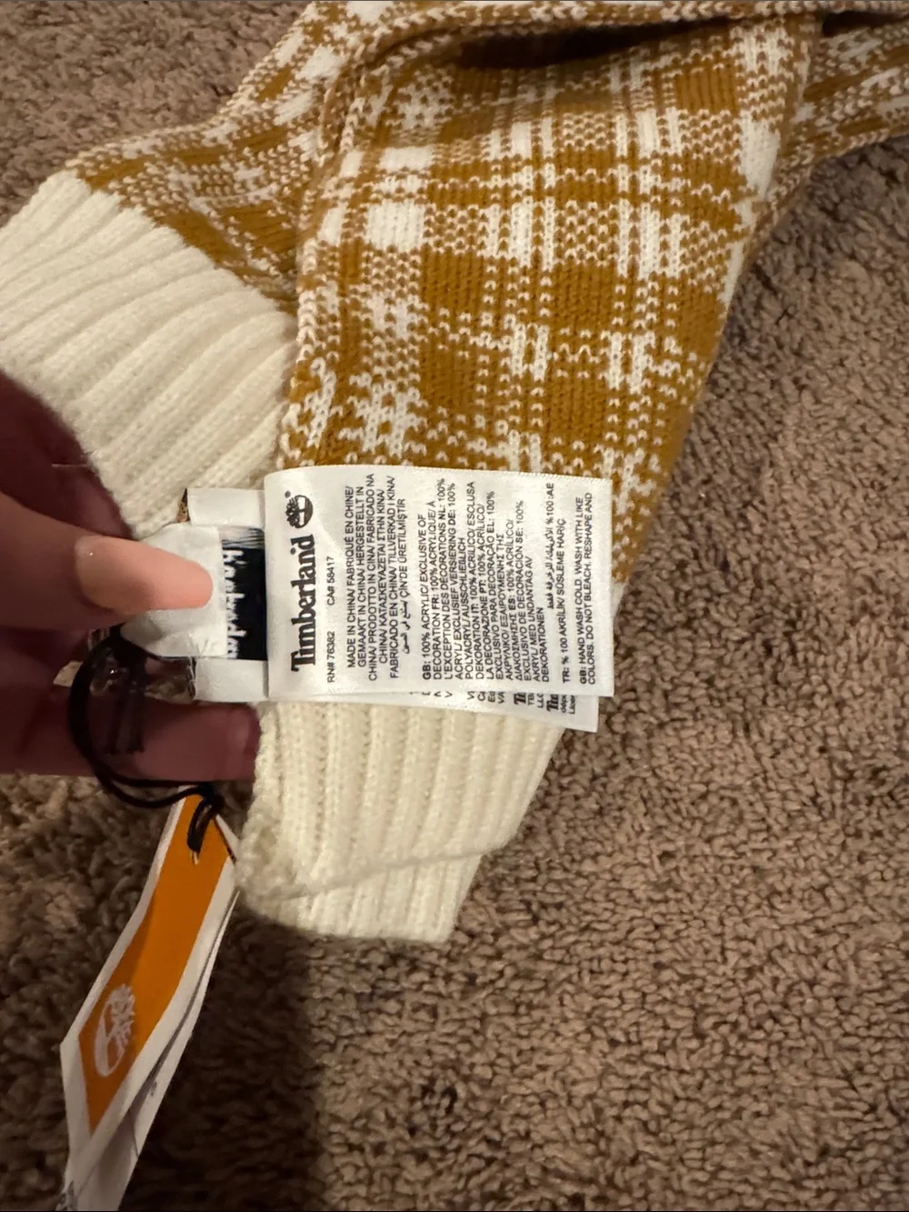 Timberland unisex scarf Plaid Knit Scarf with Ribbed Edge - White & Mustard NEW
